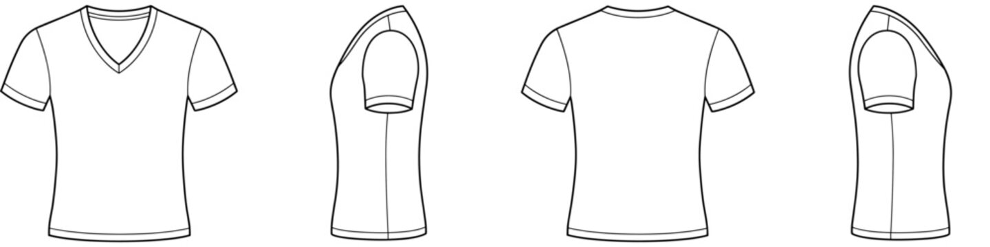 V-neck t-shirt vector template set mock up isolated on white background. flat technical drawing template. Unisex V-cut T-Shirt illustration, front, back and side view. V-neck Mock-up set.