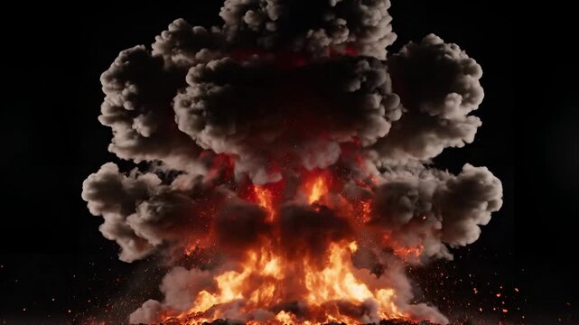 Massive Explosion with Fire and Smoke on Black Background.