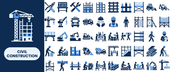 Construction Worker and Heavy Equipment solid icon set. Featuring bulldozer, dump truck, excavator, scaffold, and worker crew symbols. Editable stroke vector icons for construction company app. © Pixel_Forge