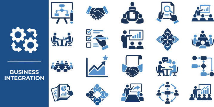 Business Integration and Workflow flat icon set. Featuring gear, handshake, network, chart, and presentation symbols. Editable stroke vector icons for enterprise software app.