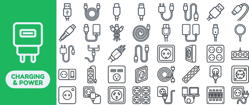 Charging and Power Connector outline icon set. Featuring usb cable, adapter, socket, battery, and plug symbols. Editable stroke vector icons for electronics store app and device charging guide.