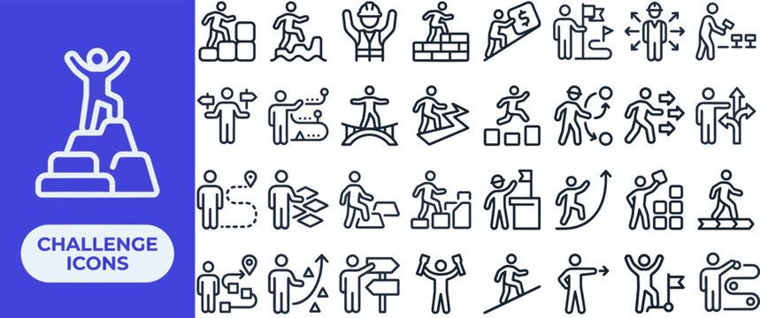 Challenge and Achievement outline icon set. Featuring mountain climb, trophy, flag peak, obstacle, and goal symbols. Editable stroke vector icons for motivation app.