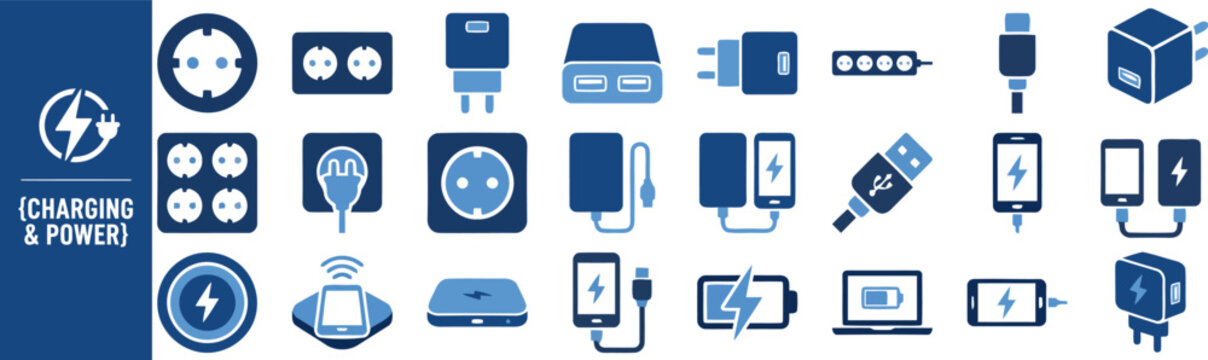 Charging and Power Supply solid icon set. Featuring socket, plug, adapter, power bank, and usb cable symbols. Editable stroke vector icons for electronics store app and device charging guide