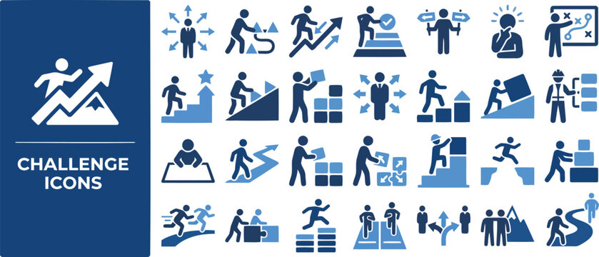 Challenge and Goal Achievement solid icon set. Featuring climber, trophy, target, flag, and finish line symbols. Editable stroke vector icons for motivation poster and goal tracking app.