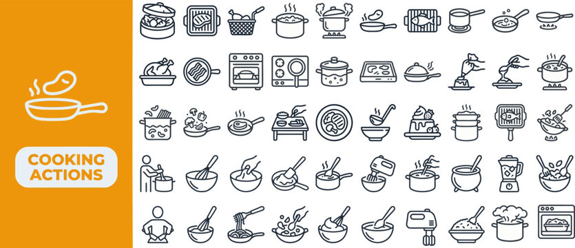 Cooking Action and Food Prep outline icon set. Featuring chopping, stirring, frying, boiling, and seasoning symbols. Editable stroke vector icons for cooking tutorial app.