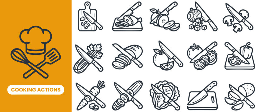 Chef Cooking and Kitchen Action outline icon set. Featuring whisking, slicing, grilling, baking, and plating symbols. Editable stroke vector icons for culinary school app.