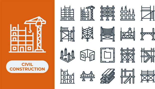 Civil Construction and Scaffolding outline icon set. Featuring tower crane, scaffold frame, formwork, steel beam, and bridge symbols. Editable stroke vector icons for civil engineering app.