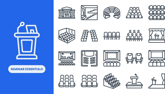 Seminar Hall and Event Seating outline icon set. Featuring stage, projector screen, chair row, podium, and audience symbols. Editable stroke vector icons for event venue app.