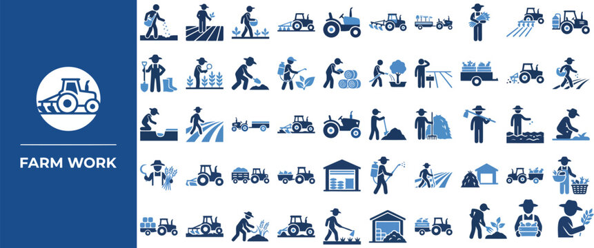 Farm Work and Field Labor solid icon set. Featuring farmer, tractor, harvest, irrigation, and livestock symbols. Editable stroke vector icons for agribusiness app and crop production platform.
