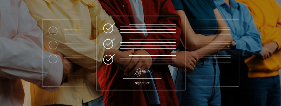 Group of Diverse People Standing Together with Checklist Graphics Representing Collaboration and Agreement in a Professional Environment Cyphers