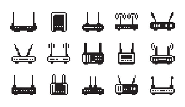 Assorted pixel art modem and router icons for network equipment and internet technology.