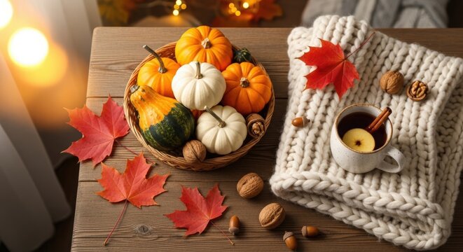 Cozy autumn scene with pumpkins, nuts, and a warm cup of cider on a wooden table with a knitted.