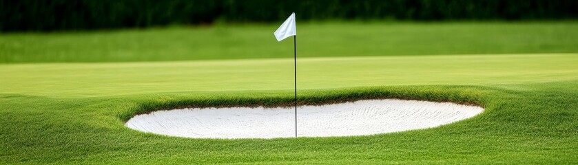 Obraz premium Pristine Green Golf Course Centered White Flagstick and Sand Bunker define the Challenge on a Lush Putting Green. Golfing, Sport
