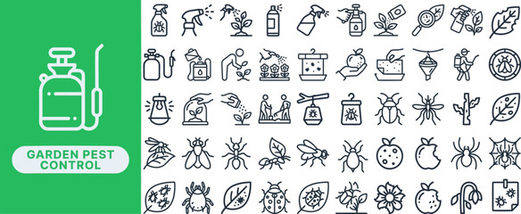 Garden Pest Control and Plant Care outline icon set. Featuring sprayer, insect, watering can, weed, and shovel symbols. Editable stroke vector icons for gardening app and lawn care service platform. © Pixel_Forge