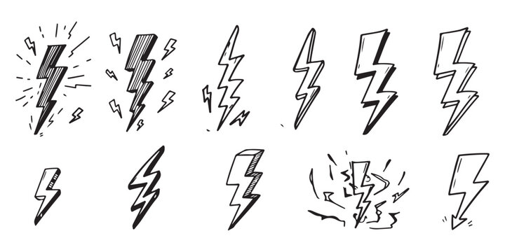 Set of hand drawn lightning bolt icons and weather storm symbols in sketch style Vector, illustration