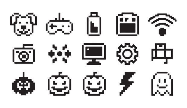 Pixel art icon set includes dog head, joystick, battery, charger, wi-fi symbol, camera, gear, computer.