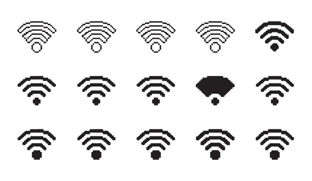 Pixel art style wi-fi signal icons set with various levels of connectivity.