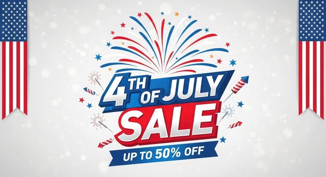 Vibrant 4th of july sale advertisement with fireworks and american flags