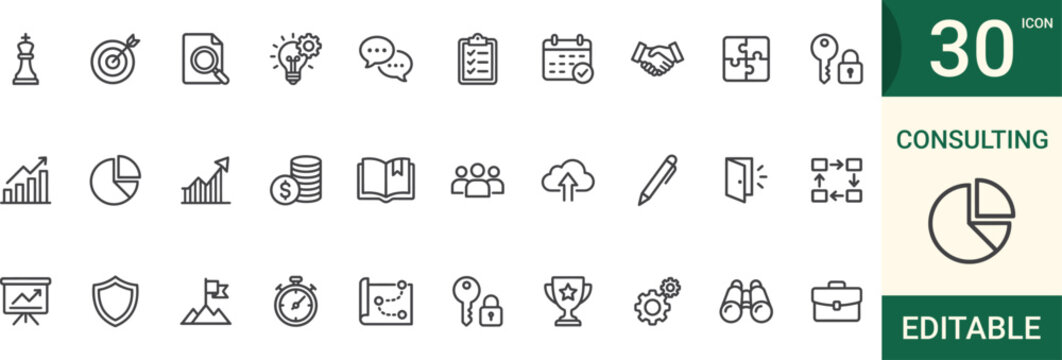 Consulting 30 icons set for business strategy and planning editable and customizable Vector illustration.