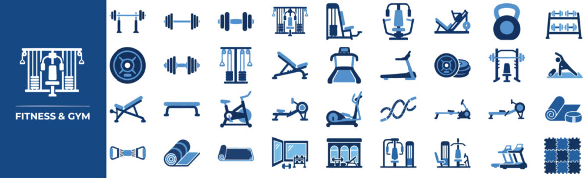 Fitness Gym Machine and Equipment outline icon set. Featuring bench press, leg press, cable machine, kettlebell, and yoga mat symbols. Editable stroke vector icons for gym equipment app.