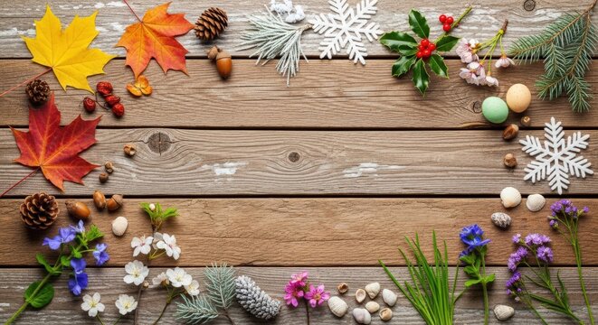 Seasonal arrangement of autumn leaves, winter snowflakes, flowers, pinecones, and ornaments on.