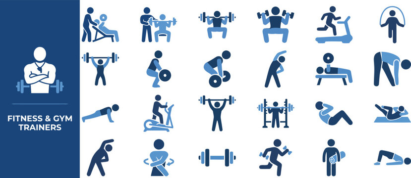 Gym Trainer and Strength Training solid icon set. Featuring weightlifter, barbell, rowing, plank, and running symbols. Editable stroke vector icons for bodybuilding app.