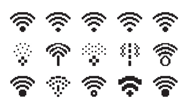 Pixelated wireless network and connectivity signal symbols for digital interface design.