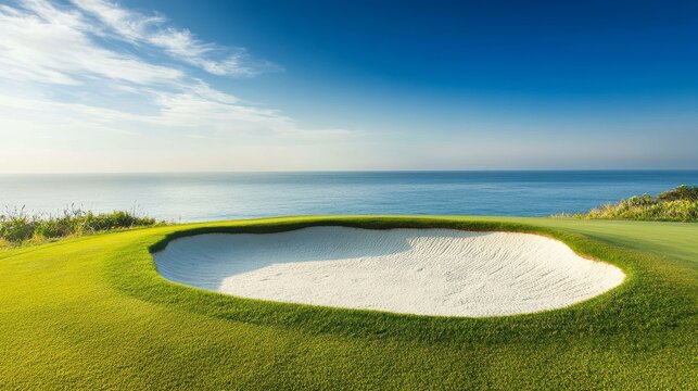 Pristine Oceanfront Golf A challenging white sand bunker on a vibrant green fairway, framed by the expansive blue ocean and a clear sky, an ultimate coastal golfing paradise. Golf