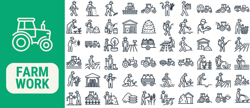 Farm Work and Agriculture outline icon set. Featuring tractor, barn, harvest, scarecrow, and silo symbols. Editable stroke vector icons for agriculture management app and farming equipment catalog.
