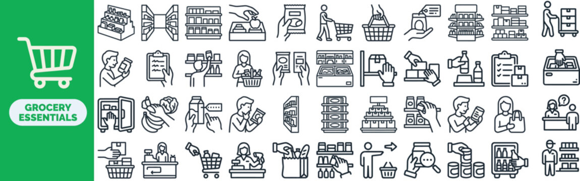 Grocery Shopping and Supermarket outline icon set. Featuring cart, basket, scale, receipt, and price tag symbols. Editable stroke vector icons for grocery delivery app.