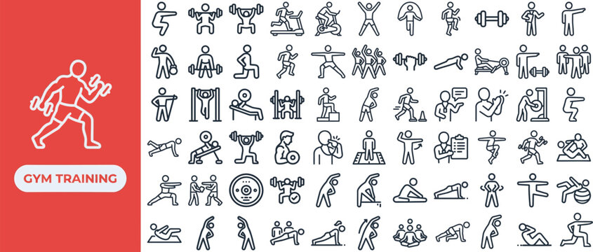Gym Training and Bodyweight Workout outline icon set. Featuring runner, push up, lunge, stretch, and jumping jack symbols. Editable stroke vector icons for fitness coaching app.