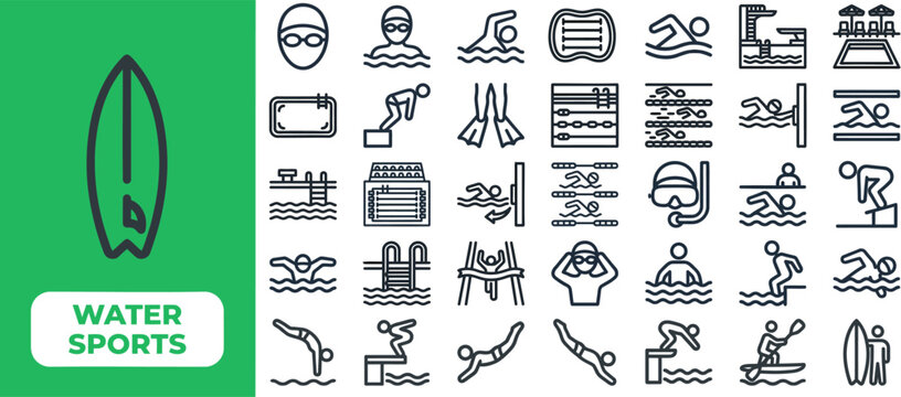 Swimming Pool and Diving outline icon set. Featuring surfboard, snorkel, ladder, flipper, and pool lane symbols. Editable stroke vector icons for resort spa app and water park brochure.