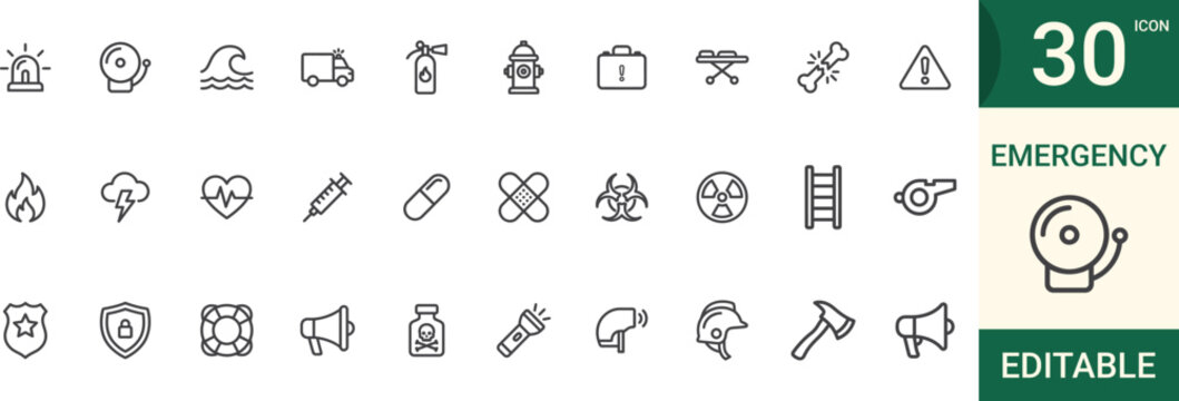 Emergency 30 icons set for safety and crisis management editable and Vector illustration.
