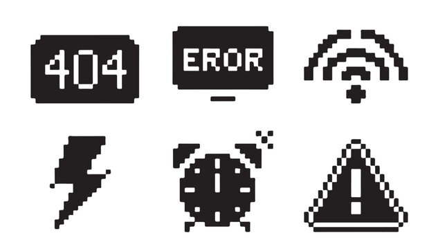 Set of pixel art icons representing internet connection problems and digital system error.