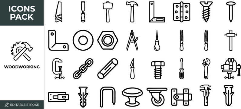 Woodworking Tool and Carpentry outline icon set. Featuring hammer, saw, chisel, clamp, and screw symbols. Editable stroke vector icons for carpentry workshop app and furniture maker catalog.