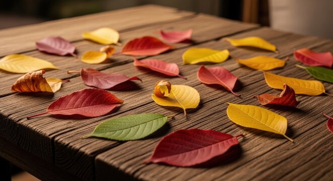 Vibrant autumn leaves scattered across a rustic wooden table outdoors in natural light.
