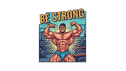 Fototapeta premium Muscular bodybuilder flexing muscles with be strong text isolated on a transparent background