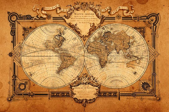 Antique world map collage inspired by old cartography of the 18, 19 century. Old geographical map collage in sepia tones, inspired by old cartography and early exploration, suitable for history.
