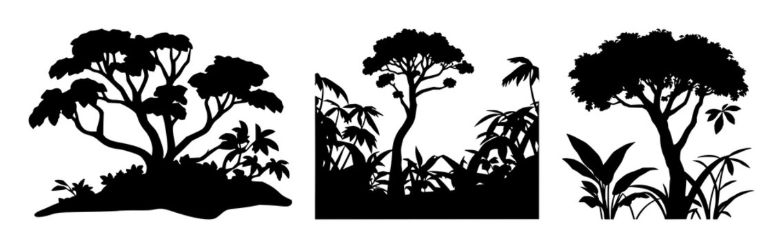 Rainforest protection canopy set with solid black icon on white background featuring environmental protection, biodiversity, nature conservation with iconography and sustainability