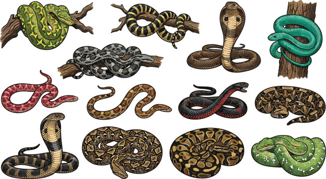 Realistic Snake Species Collection with Cobra Python Viper and Tree Snake Reptile Wildlife Hand Drawn Vector Illustration Set