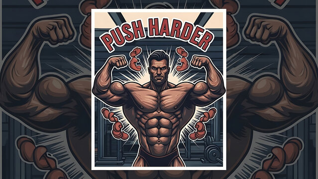Muscular bodybuilder flexing muscles with push harder text isolated on a transparent background