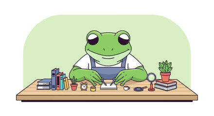 Obraz premium Cute frog craftsman working diligently at a wooden desk.