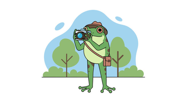Cute frog photographer with camera and bag.