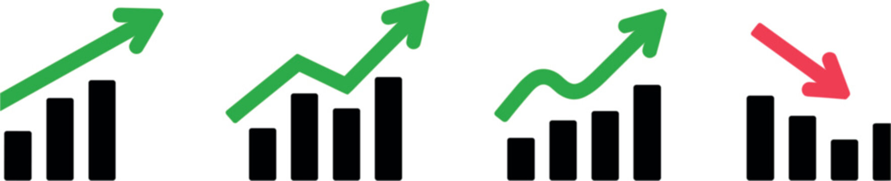 Business growth chart icon collection vector illustration, financial statistics symbols set, uptrend and downtrend graph isolated background