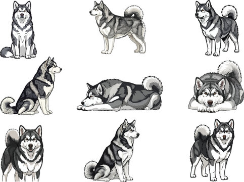 Alaskan Malamute dog clipart vector illustration pose collection