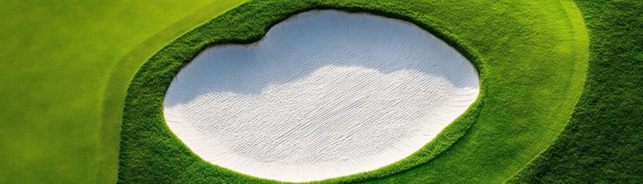 Top-down aerial view of a pristine, raked white golf course bunker nestled within vibrant green grass curves, embodying minimalist sport design and natural beauty. Golf, Bunker
