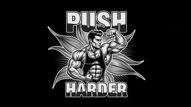 Muscular bodybuilder posing with the text push harder isolated on a transparent background