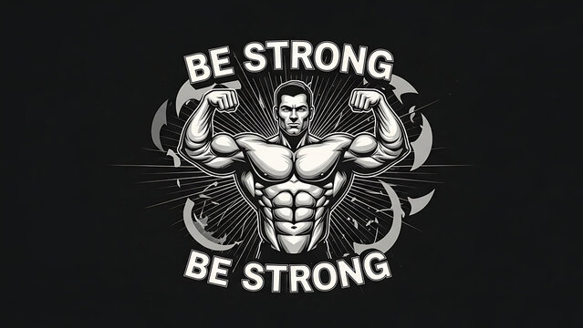 Muscular bodybuilder posing with the text be strong isolated on a transparent background