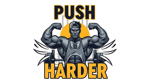 Muscular man flexing arms with push harder text isolated on a transparent background