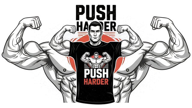 Muscular man flexing arms with push harder text isolated on a transparent background